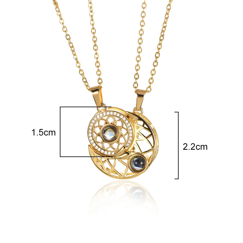 2pcs Sun & Moon Pendant 100 Languages I Love You Projection Necklace