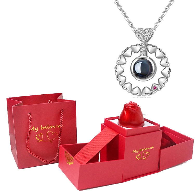 Love Heart Projection Necklace 100 Languages I Love You Pendant With Rose Gift Box