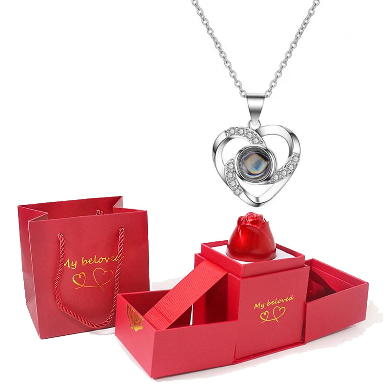 Love Heart Projection Necklace 100 Languages I Love You Pendant With Rose Gift Box