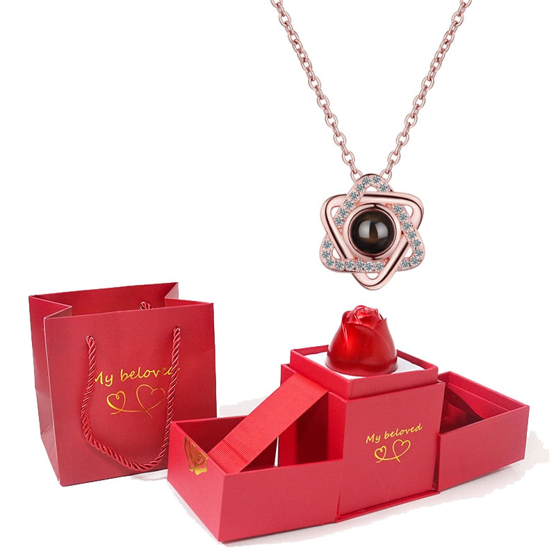 Love Heart Projection Necklace 100 Languages I Love You Pendant With Rose Gift Box