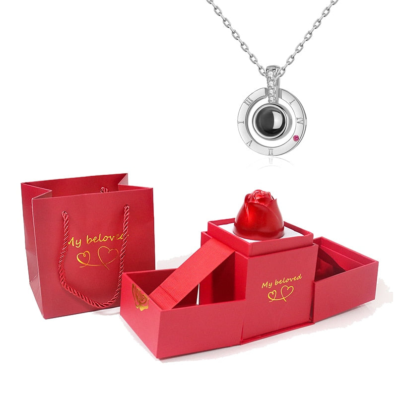 Love Heart Projection Necklace 100 Languages I Love You Pendant With Rose Gift Box