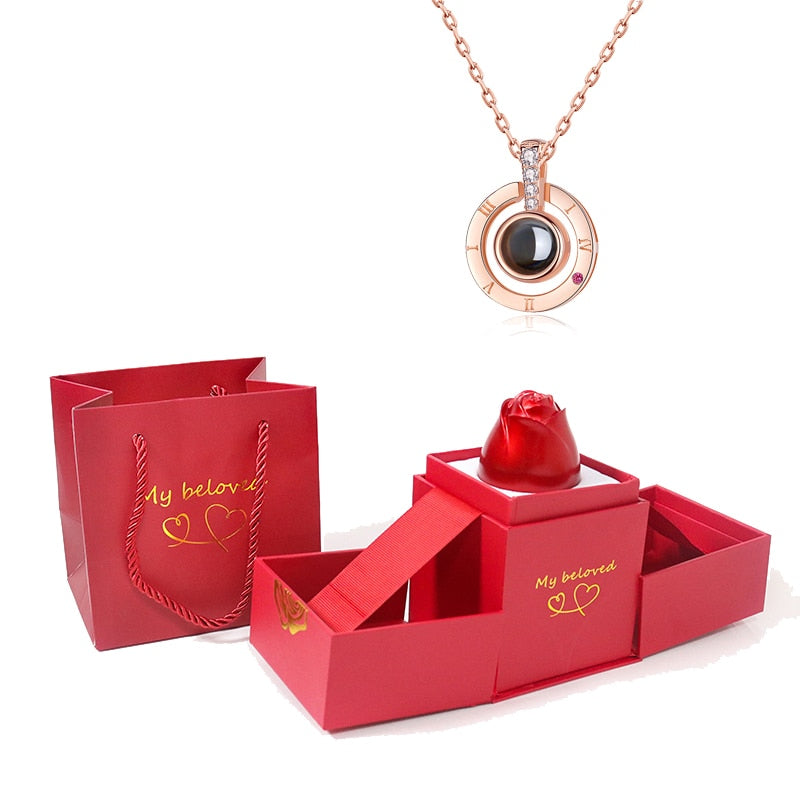 Love Heart Projection Necklace 100 Languages I Love You Pendant With Rose Gift Box