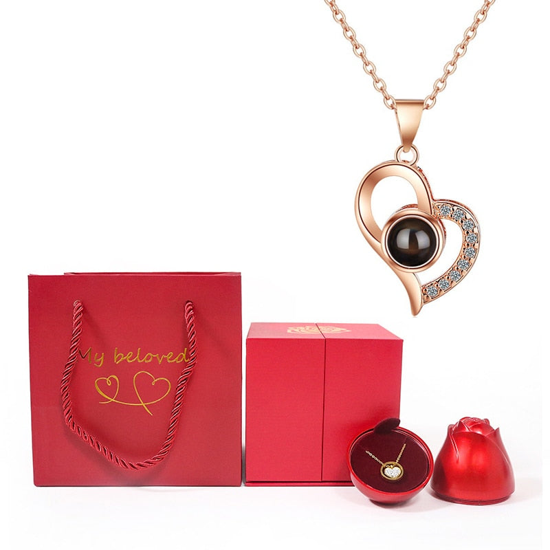 Love Heart Projection Necklace 100 Languages I Love You Pendant With Rose Gift Box