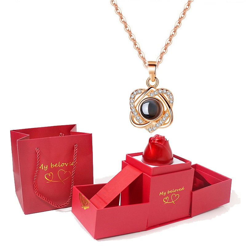 Love Heart Projection Necklace 100 Languages I Love You Pendant With Rose Gift Box