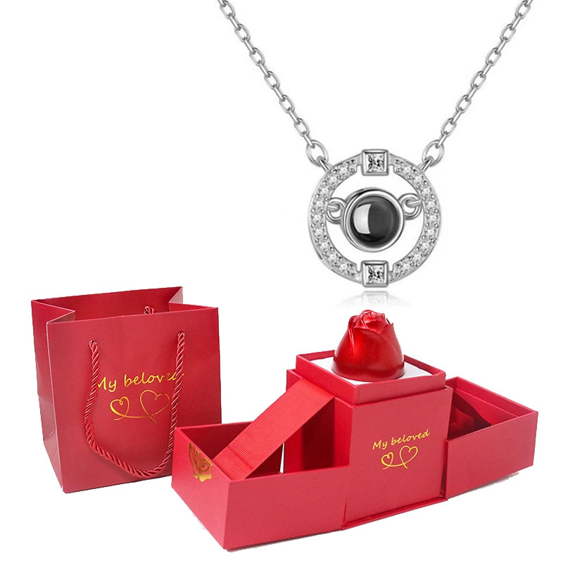 Love Heart Projection Necklace 100 Languages I Love You Pendant With Rose Gift Box