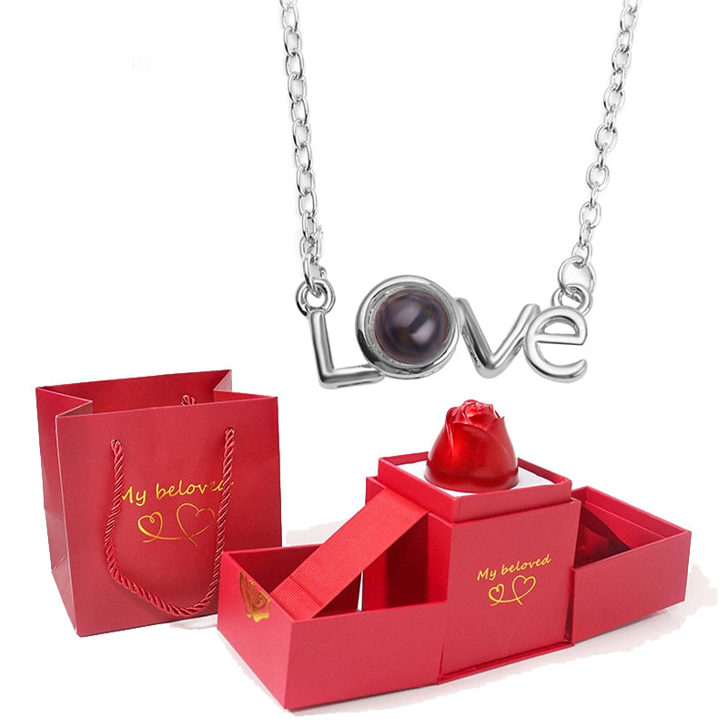 Love Heart Projection Necklace 100 Languages I Love You Pendant With Rose Gift Box