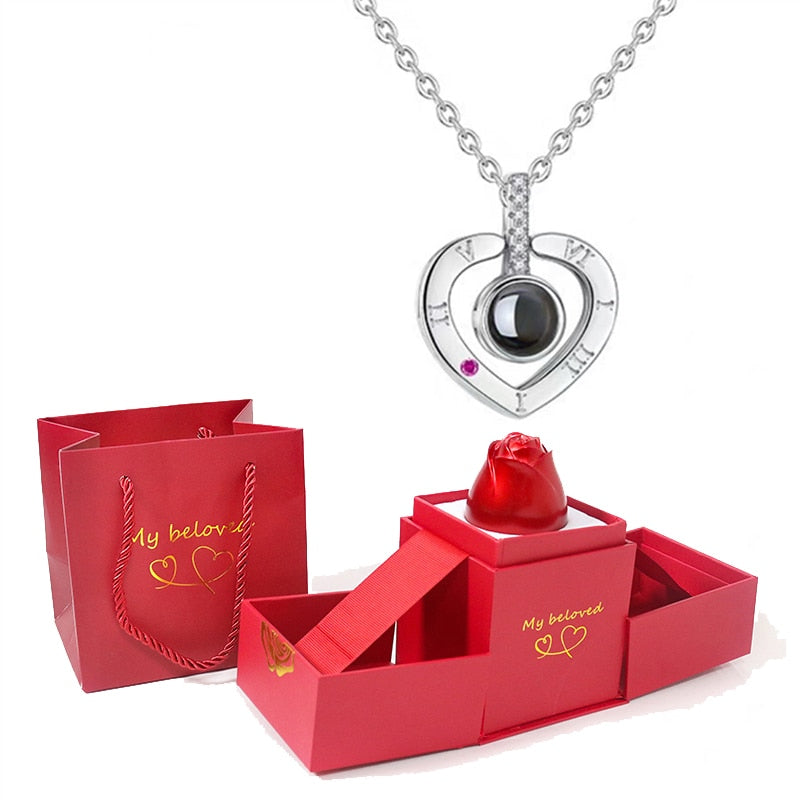 Love Heart Projection Necklace 100 Languages I Love You Pendant With Rose Gift Box