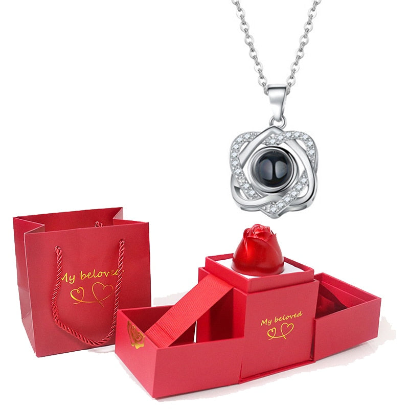 Love Heart Projection Necklace 100 Languages I Love You Pendant With Rose Gift Box