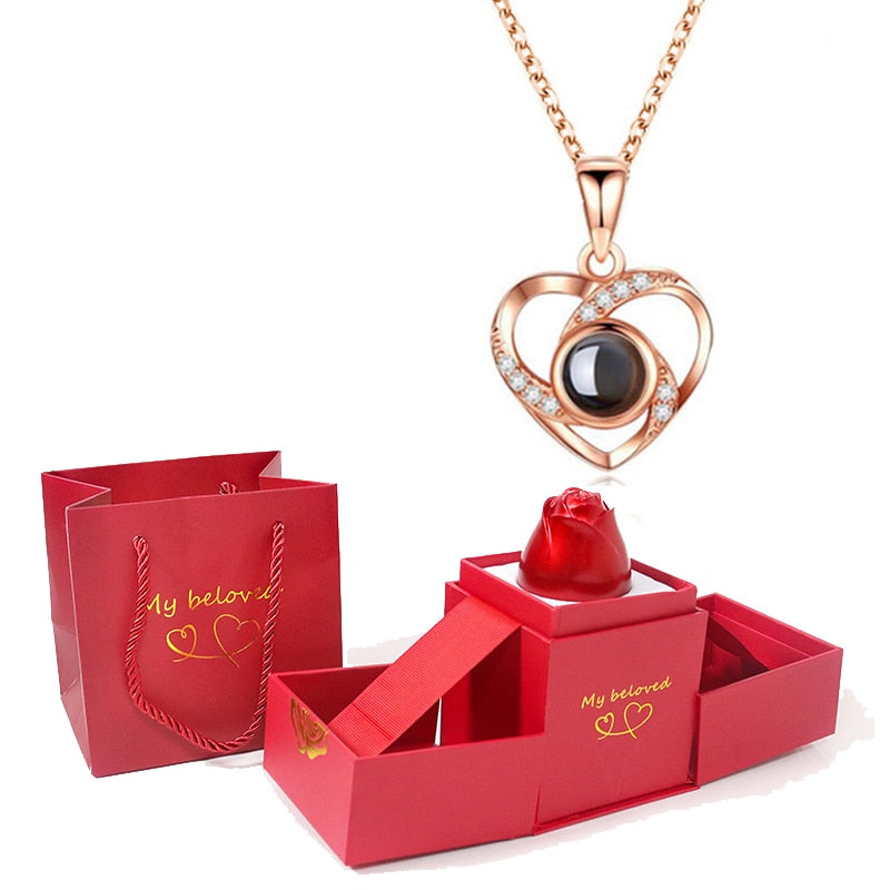 Love Heart Projection Necklace 100 Languages I Love You Pendant With Rose Gift Box