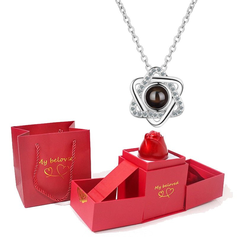 Love Heart Projection Necklace 100 Languages I Love You Pendant With Rose Gift Box