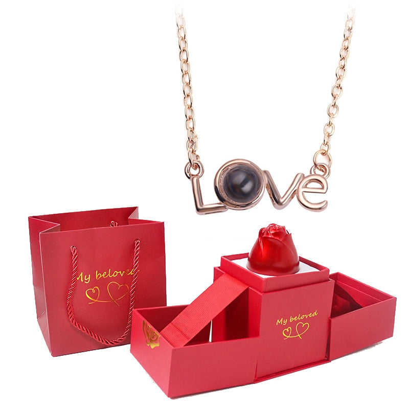 Love Heart Projection Necklace 100 Languages I Love You Pendant With Rose Gift Box