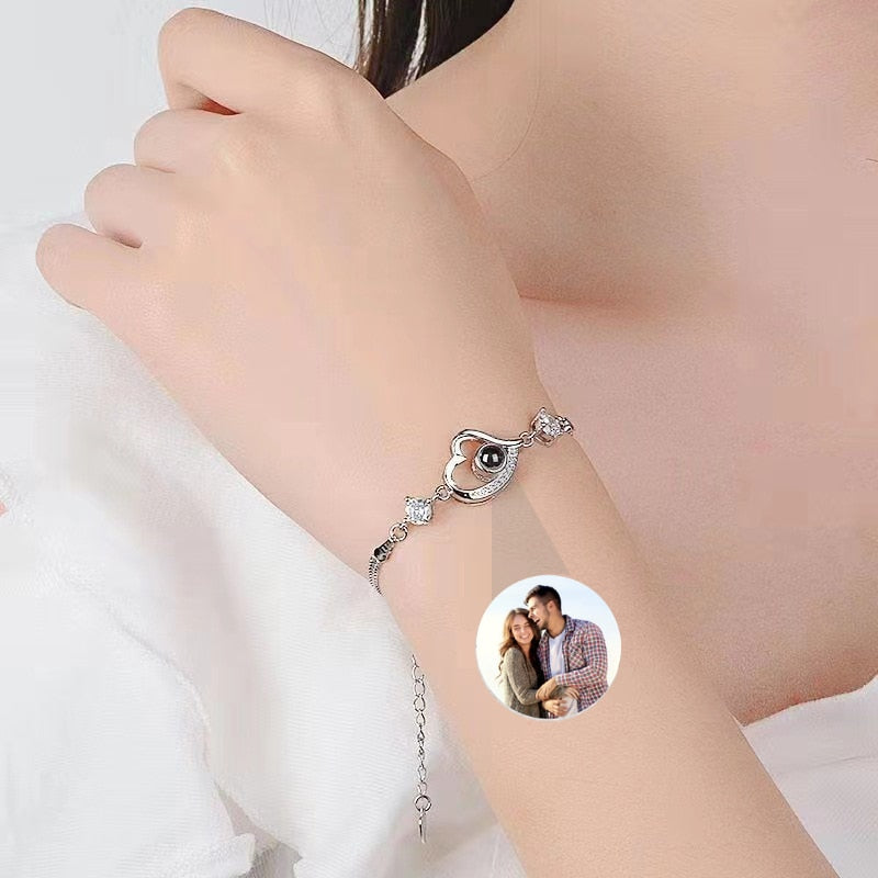 Thin Delicate Fine Heart Shaped Custom Photo Projection Bracelet