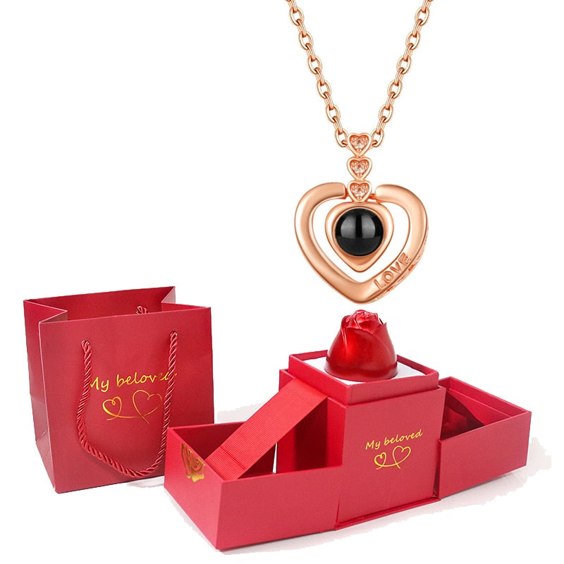 Love Heart Projection Necklace 100 Languages I Love You Pendant With Rose Gift Box