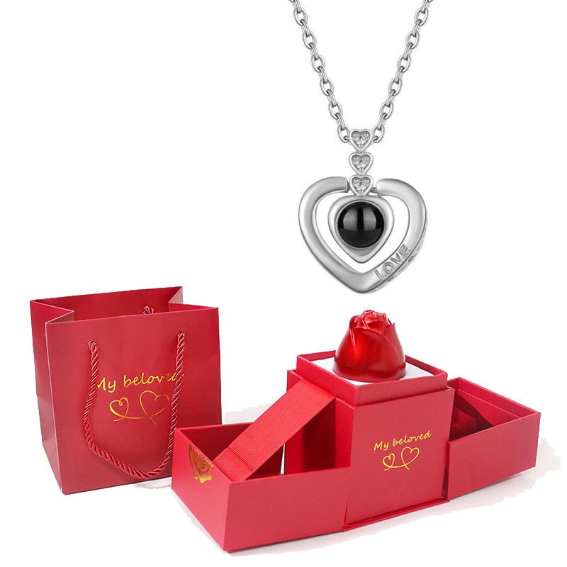 Love Heart Projection Necklace 100 Languages I Love You Pendant With Rose Gift Box