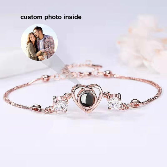 Thin Delicate Fine Heart Shaped Custom Photo Projection Bracelet